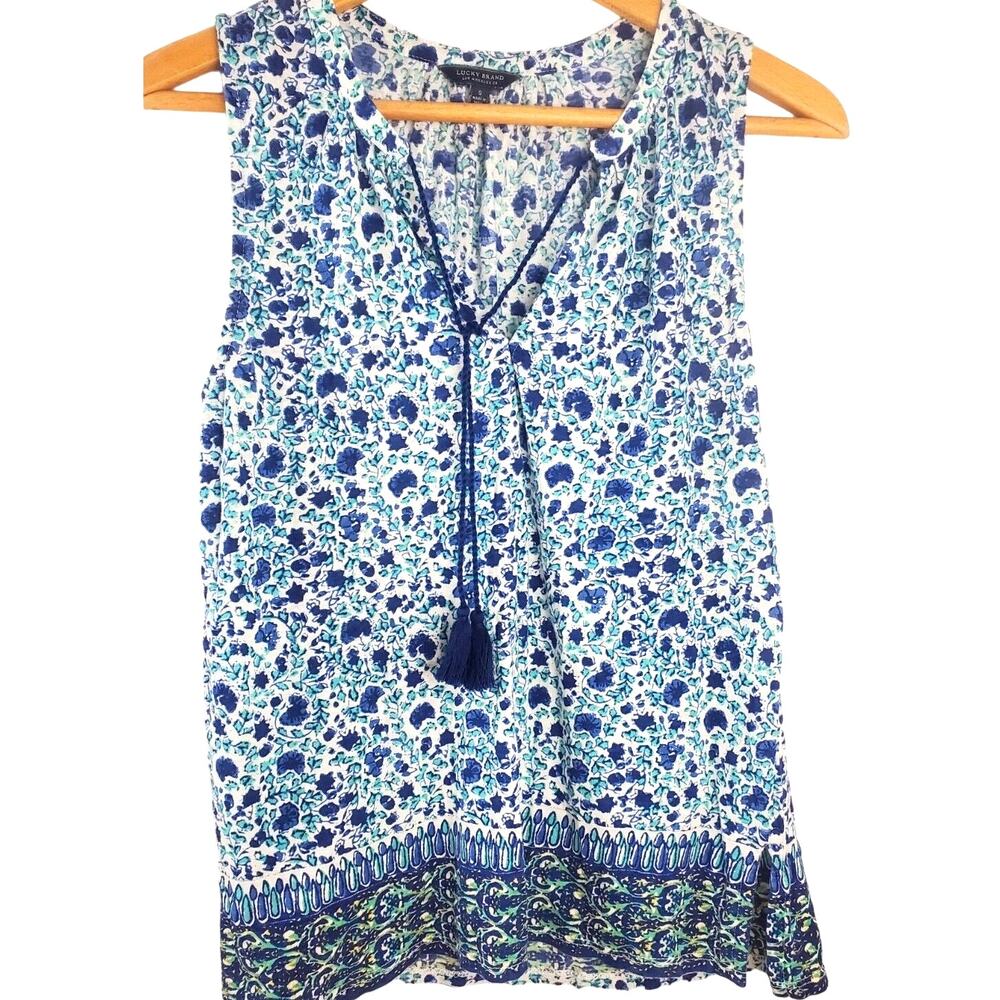 Lucky Brand Top Size S Blue Floral Tassel Modal Sleeveless Tank Womens Shirt